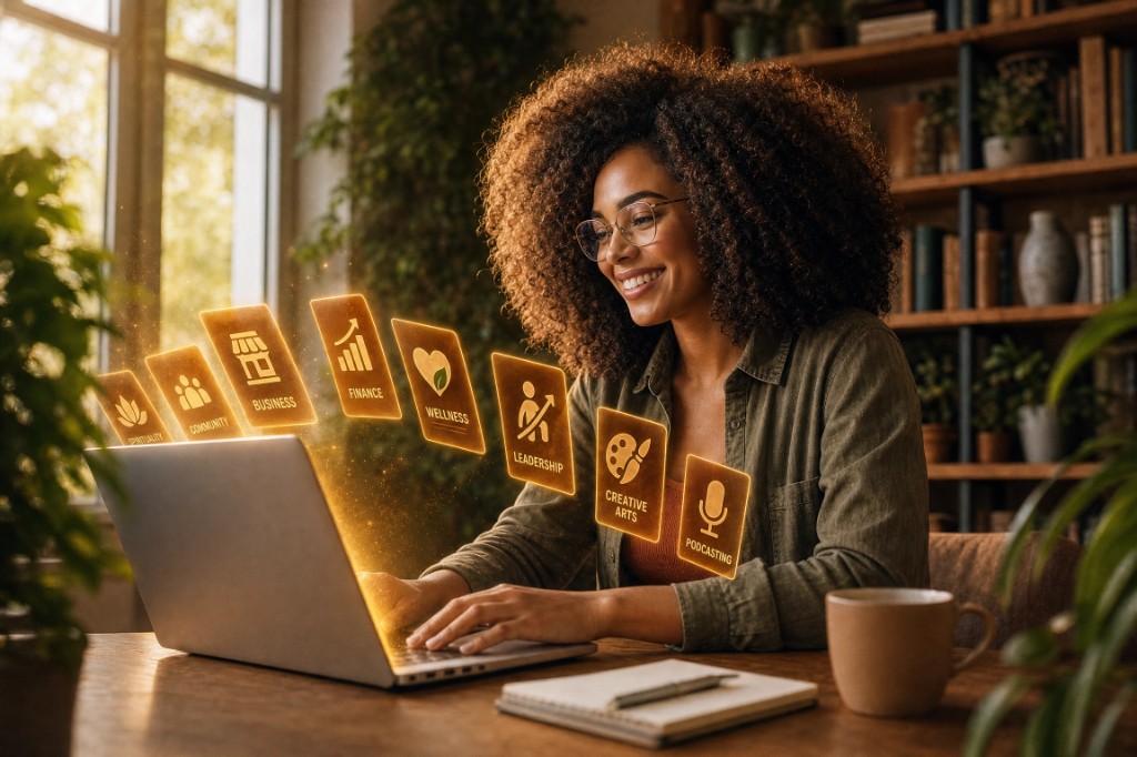 Creator learning at her desk surrounded by icons representing growth, wellness, and community